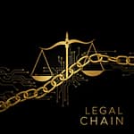 Legal Chain logo featuring gold scales of justice integrated with a blockchain chain and circuit-board lines on a black background, symbolizing AI-powered law, trust, and secure legal technology