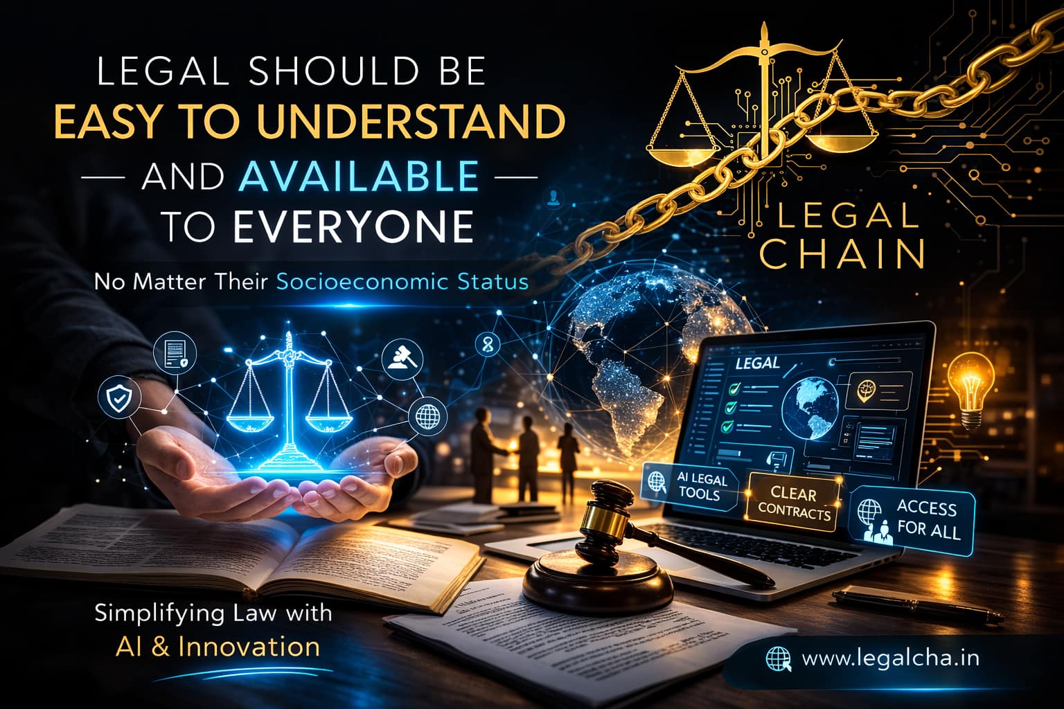Gold scales of justice intertwined with a chain and digital circuit pattern representing Legal Chain’s AI-powered legal technology platform making law easier to understand and accessible to everyone.