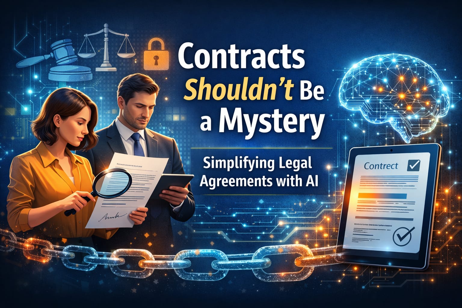 Illustration showing two professionals reviewing a contract with a magnifying glass and tablet, surrounded by legal icons, AI brain graphics, and blockchain chains, representing how AI technology like Legal Chain helps simplify and analyze contracts.