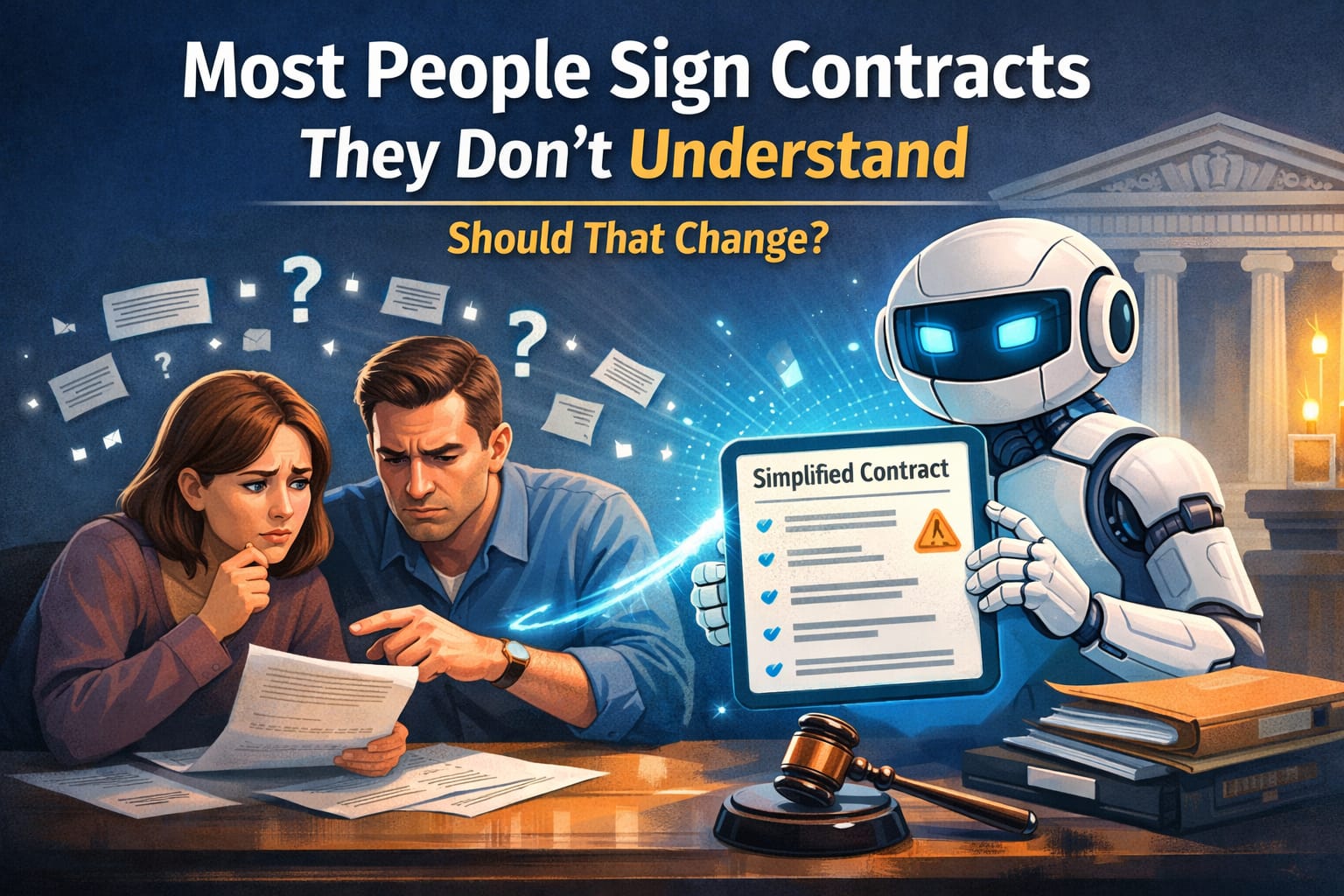 Most people sign contracts they do not understand — illustration of confused individuals reviewing legal documents while an AI assistant simplifies the contract terms.