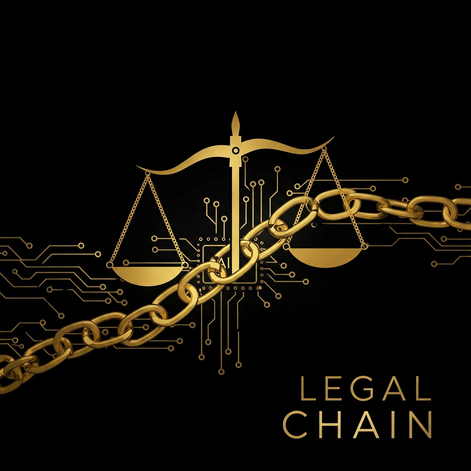 Legal Chain logo featuring gold scales of justice integrated with a blockchain chain and circuit-board lines on a black background, symbolizing AI-powered law, trust, and secure legal technology