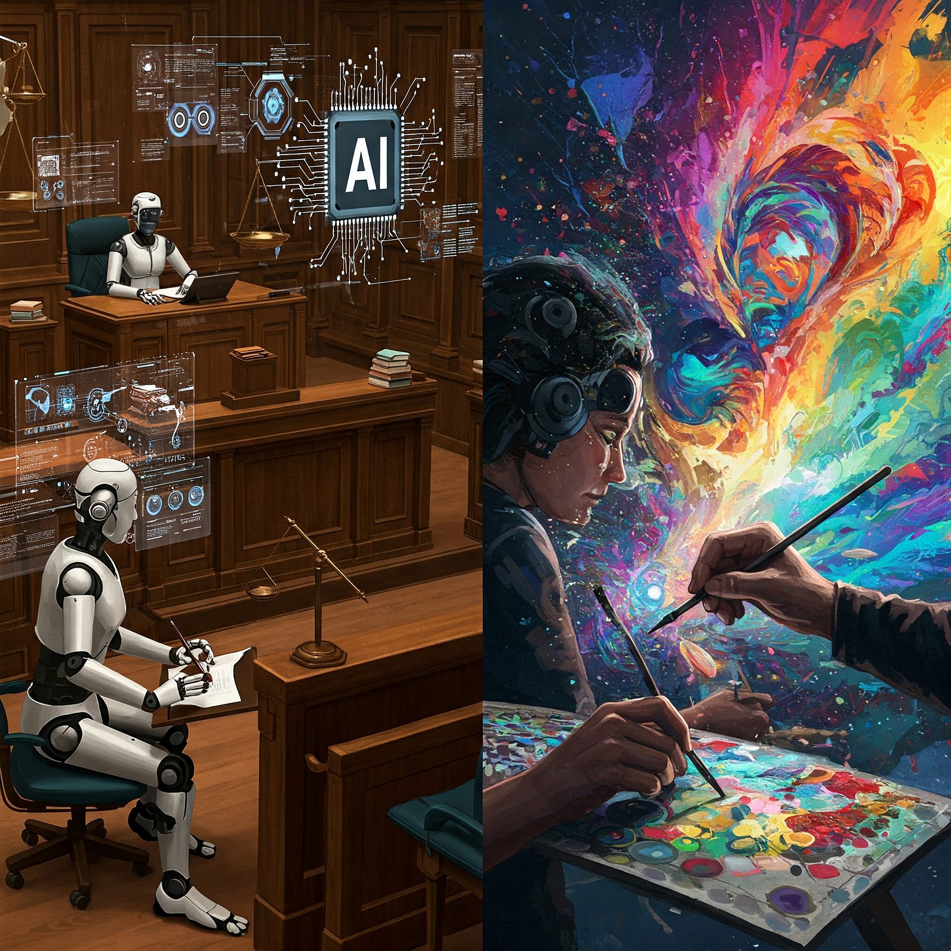 An image of AI at the forefront of a legal revolution, with a futuristic courtroom filled with advanced digital interfaces and robots assisting lawyers. Alongside, a digital artist uses cutting-edge AI tools to generate stunning, abstract masterpieces in a kaleidoscope of colors. A visual representation of AI transforming legal practice with its speed and efficiency and its ability to enable creativity in the digital art realm. This illustration captures the intersection of technology, law and digital art with a high degree of fidelity.