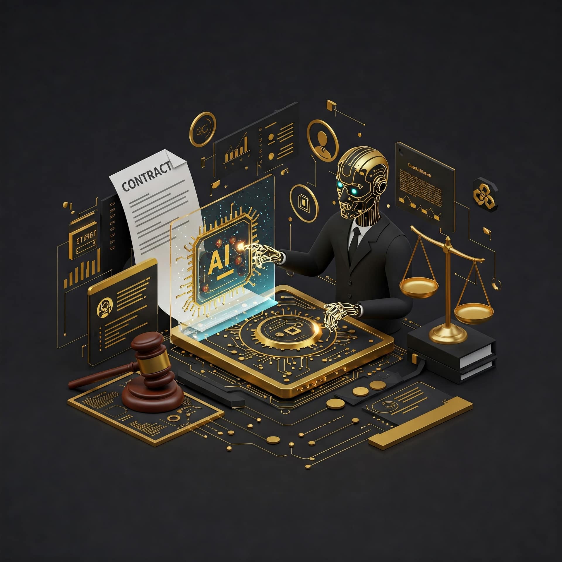 An illustration that features AI-powered legal services with a black and gold color palette. The image displays a stylized depiction of a lawyer or legal professional, interacting with a sophisticated AI system represented by a holographic screen with golden edges and accents. The black and gold theme is woven throughout, from the lawyer's attire to the modern office setting. The design might highlight legal documents and contracts, emphasizing the AI's capabilities to analyze and process legal data efficiently. The image could employ a 3D perspective or a flat design style, with an emphasis on lines, shapes, and geometric patterns that complement the theme. The lighting and shading are carefully considered to convey a sense of authority, competence, and forward-thinking legal practice.