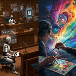 An image of AI at the forefront of a legal revolution, with a futuristic courtroom filled with advanced digital interfaces and robots assisting lawyers. Alongside, a digital artist uses cutting-edge AI tools to generate stunning, abstract masterpieces in a kaleidoscope of colors. A visual representation of AI transforming legal practice with its speed and efficiency and its ability to enable creativity in the digital art realm. This illustration captures the intersection of technology, law and digital art with a high degree of fidelity.