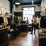The interior of a stylish small retail business with black walls, gold fixtures, and several individuals browsing and working. A black and gold themed boutique or shop with customers and staff inside. individuals inside a modern small business featuring a black and gold color scheme.